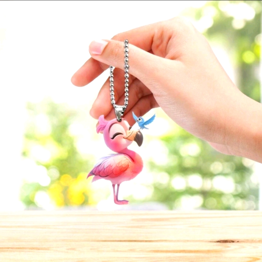 Pink Flamingo And Blue Bird Mirror Tag Bag Charm - Picture 1 of 7